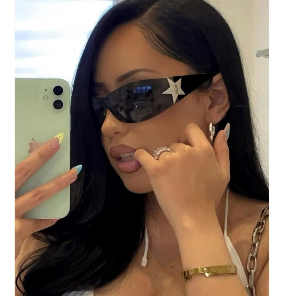 Rimless Y2K Sunglasses for Women Men,Trendy Shield Wrap Around Oversized Glasses